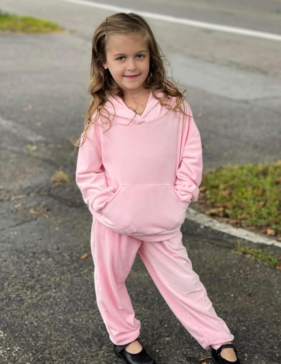 imageArshiner Girls Velour 2 Pieces Tracksuits Outfits Athletic Hoodies Sweatshirts and Sweatpants Athletic Clothing SetsPastel Pink