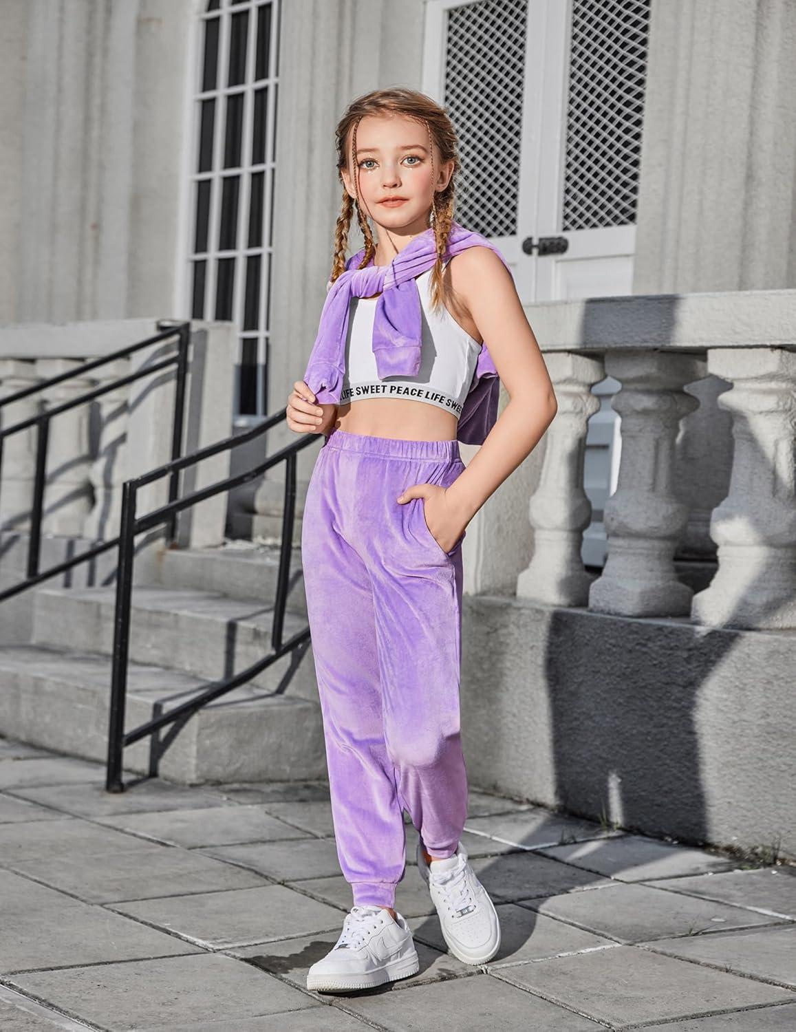imageArshiner Girls Velour 2 Pieces Tracksuits Outfits Athletic Hoodies Sweatshirts and Sweatpants Athletic Clothing SetsPurple