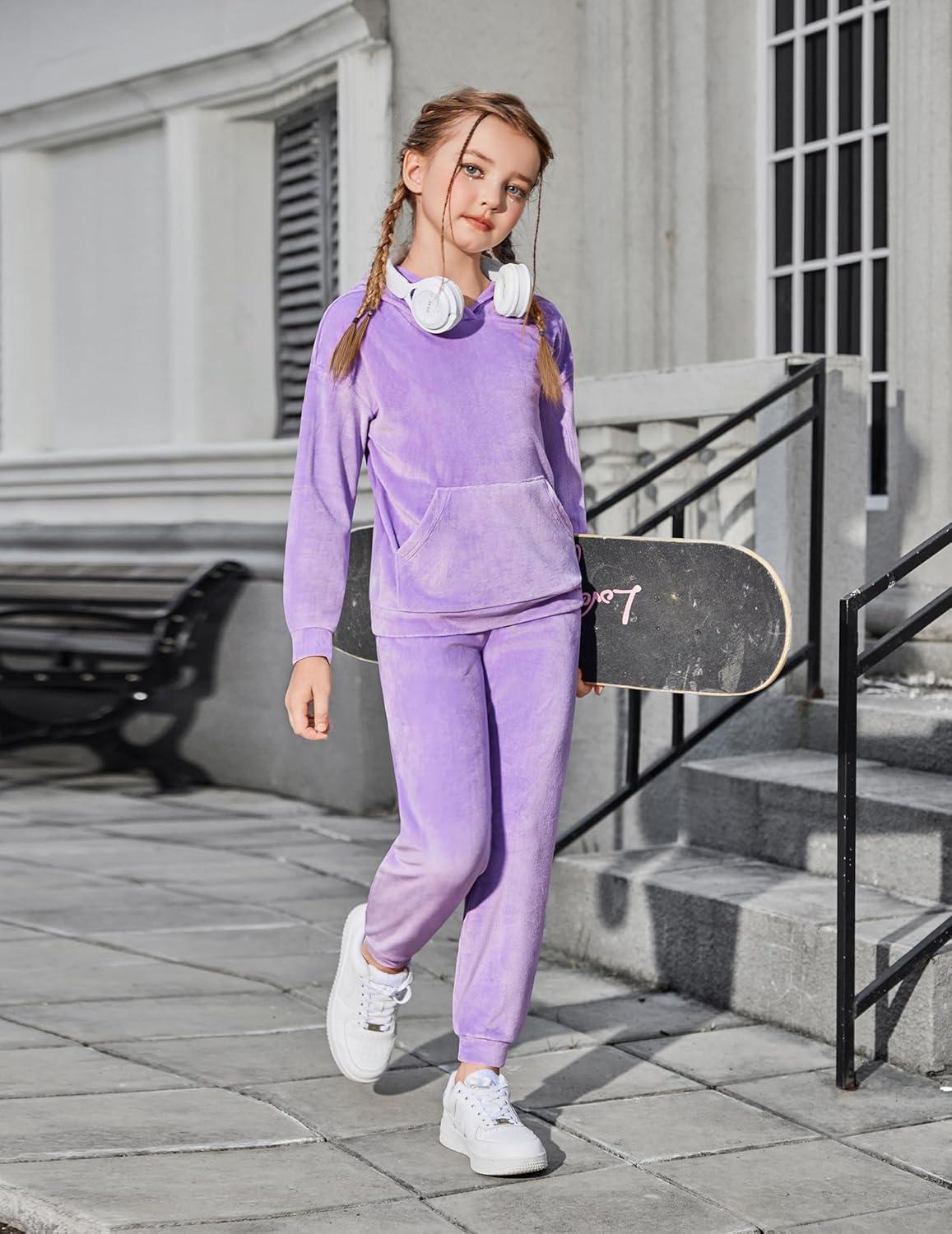 imageArshiner Girls Velour 2 Pieces Tracksuits Outfits Athletic Hoodies Sweatshirts and Sweatpants Athletic Clothing SetsPurple