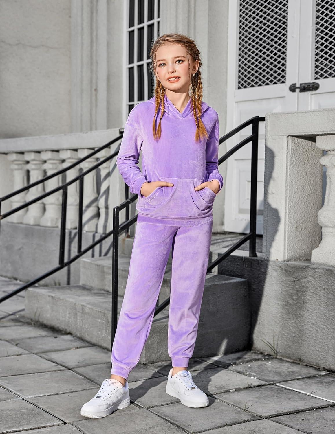 imageArshiner Girls Velour 2 Pieces Tracksuits Outfits Athletic Hoodies Sweatshirts and Sweatpants Athletic Clothing SetsPurple