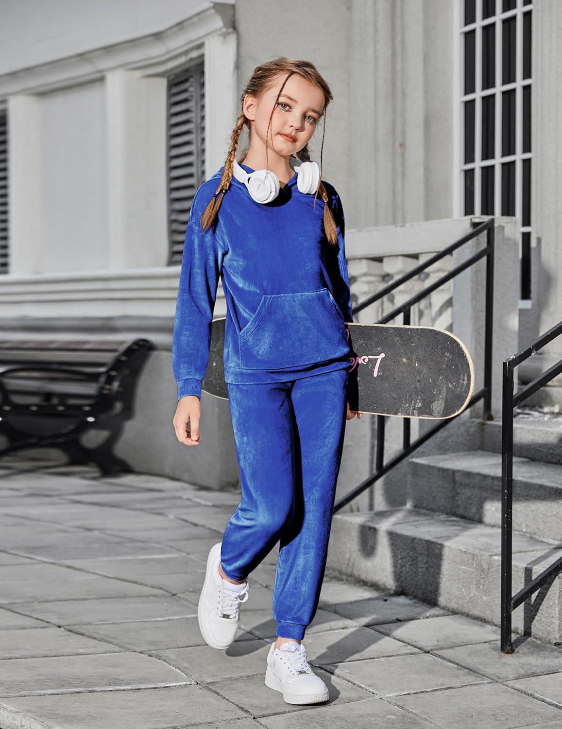 imageArshiner Girls Velour 2 Pieces Tracksuits Outfits Athletic Hoodies Sweatshirts and Sweatpants Athletic Clothing SetsRoyal Blue