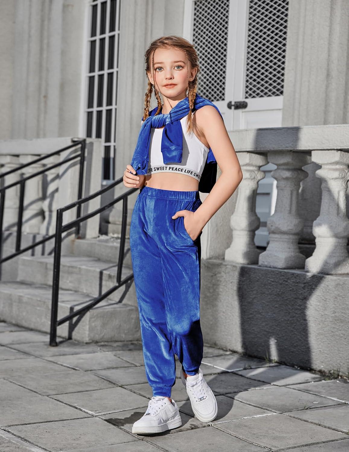 imageArshiner Girls Velour 2 Pieces Tracksuits Outfits Athletic Hoodies Sweatshirts and Sweatpants Athletic Clothing SetsRoyal Blue