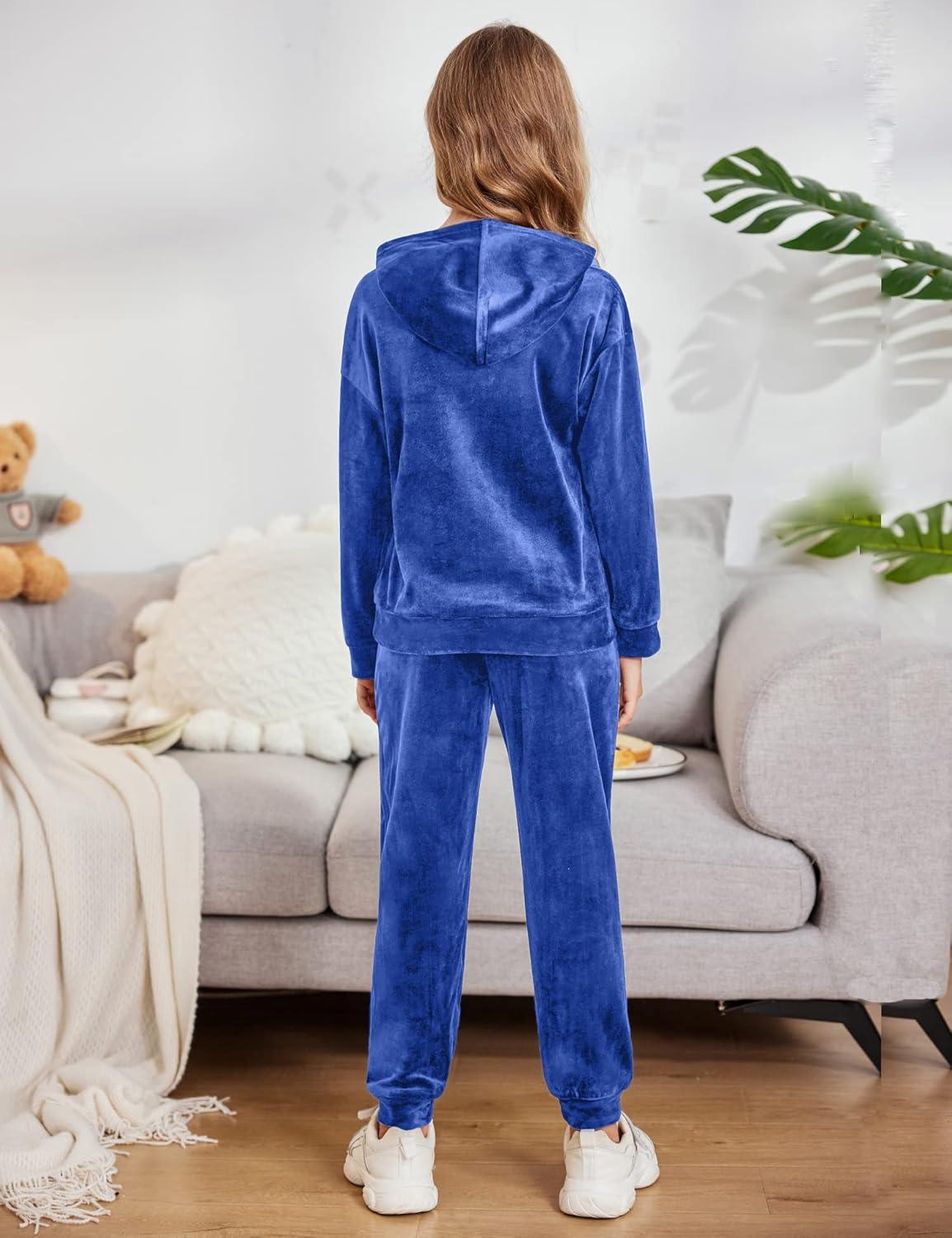 imageArshiner Girls Velour 2 Pieces Tracksuits Outfits Athletic Hoodies Sweatshirts and Sweatpants Athletic Clothing SetsRoyal Blue