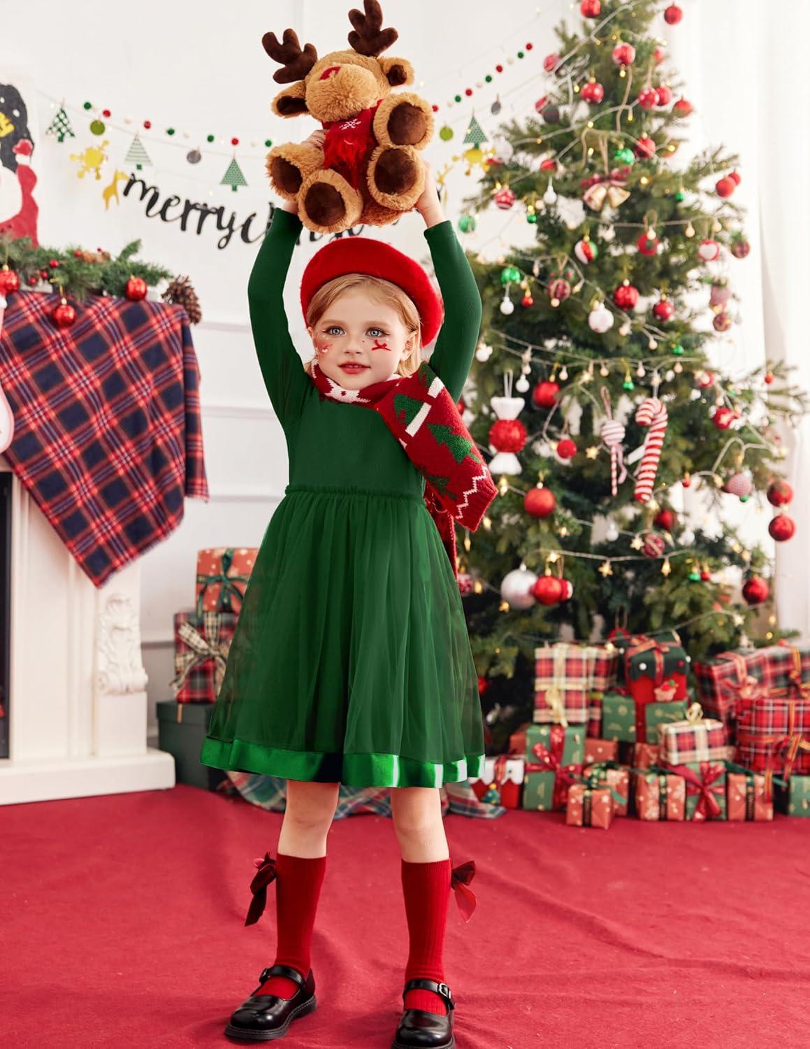 imageArshiner Toddler Tutu Dress Little Girls Fall Winter Long Sleeve Holiday Party Tulle Dresses 38YGreen