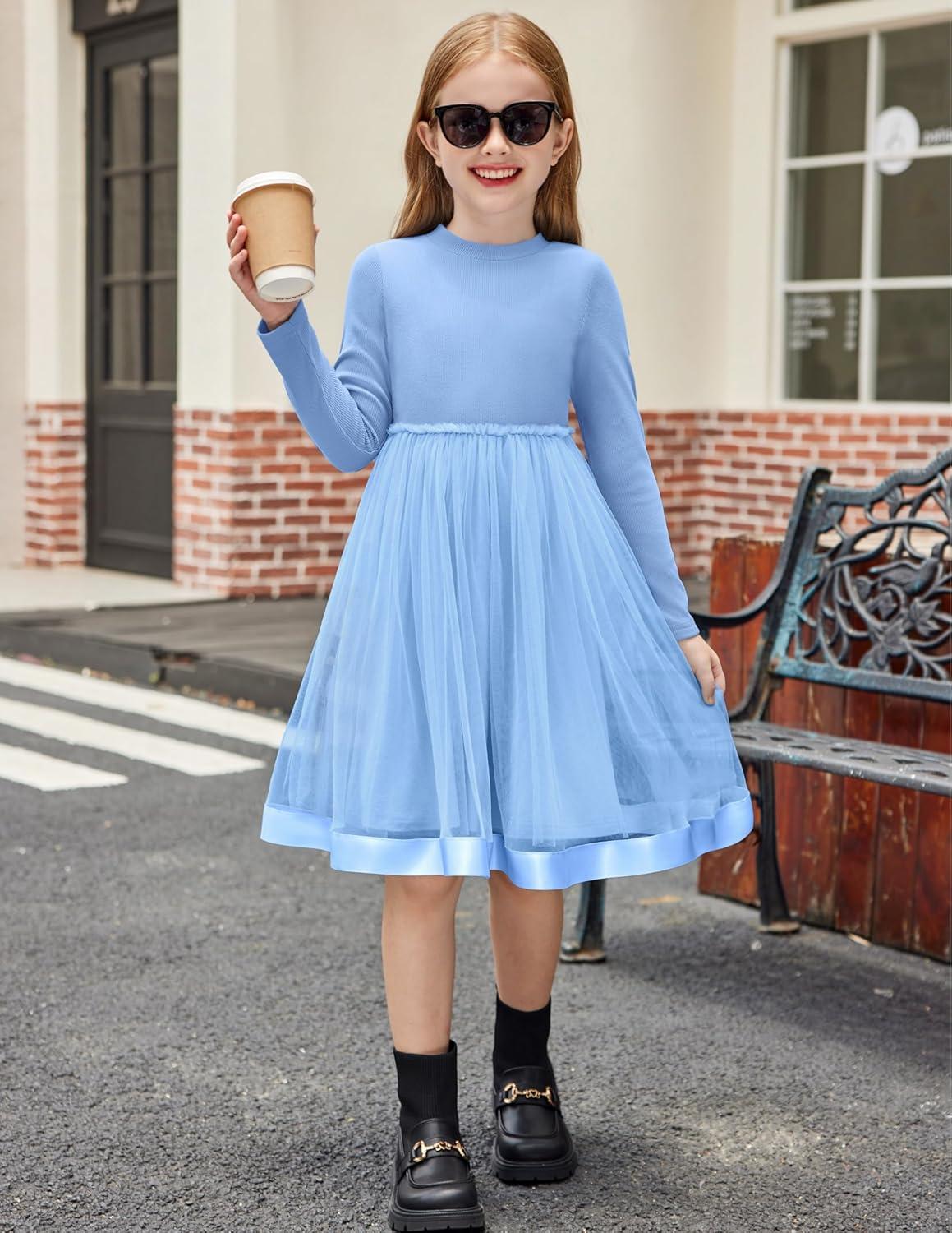 imageArshiner Toddler Tutu Dress Little Girls Fall Winter Long Sleeve Holiday Party Tulle Dresses 38YLight Blue