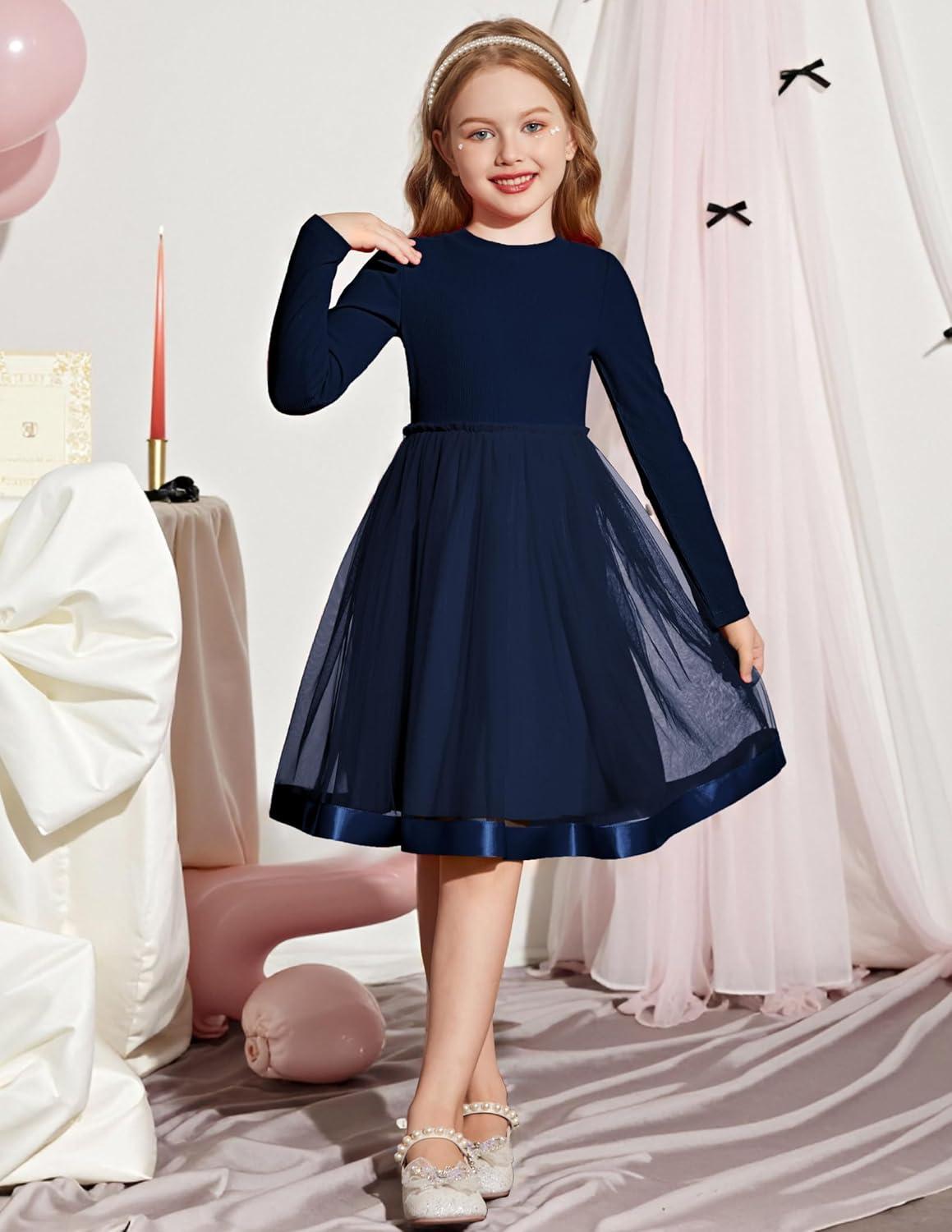 imageArshiner Toddler Tutu Dress Little Girls Fall Winter Long Sleeve Holiday Party Tulle Dresses 38YNavy Blue