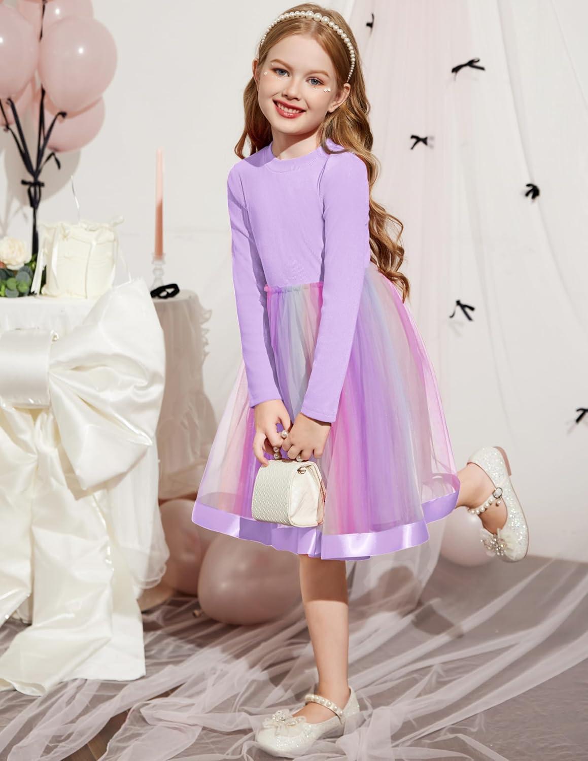 imageArshiner Toddler Tutu Dress Little Girls Fall Winter Long Sleeve Holiday Party Tulle Dresses 38YPurple Rainbow
