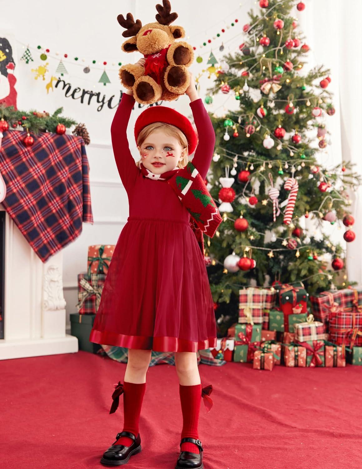 imageArshiner Toddler Tutu Dress Little Girls Fall Winter Long Sleeve Holiday Party Tulle Dresses 38YRed