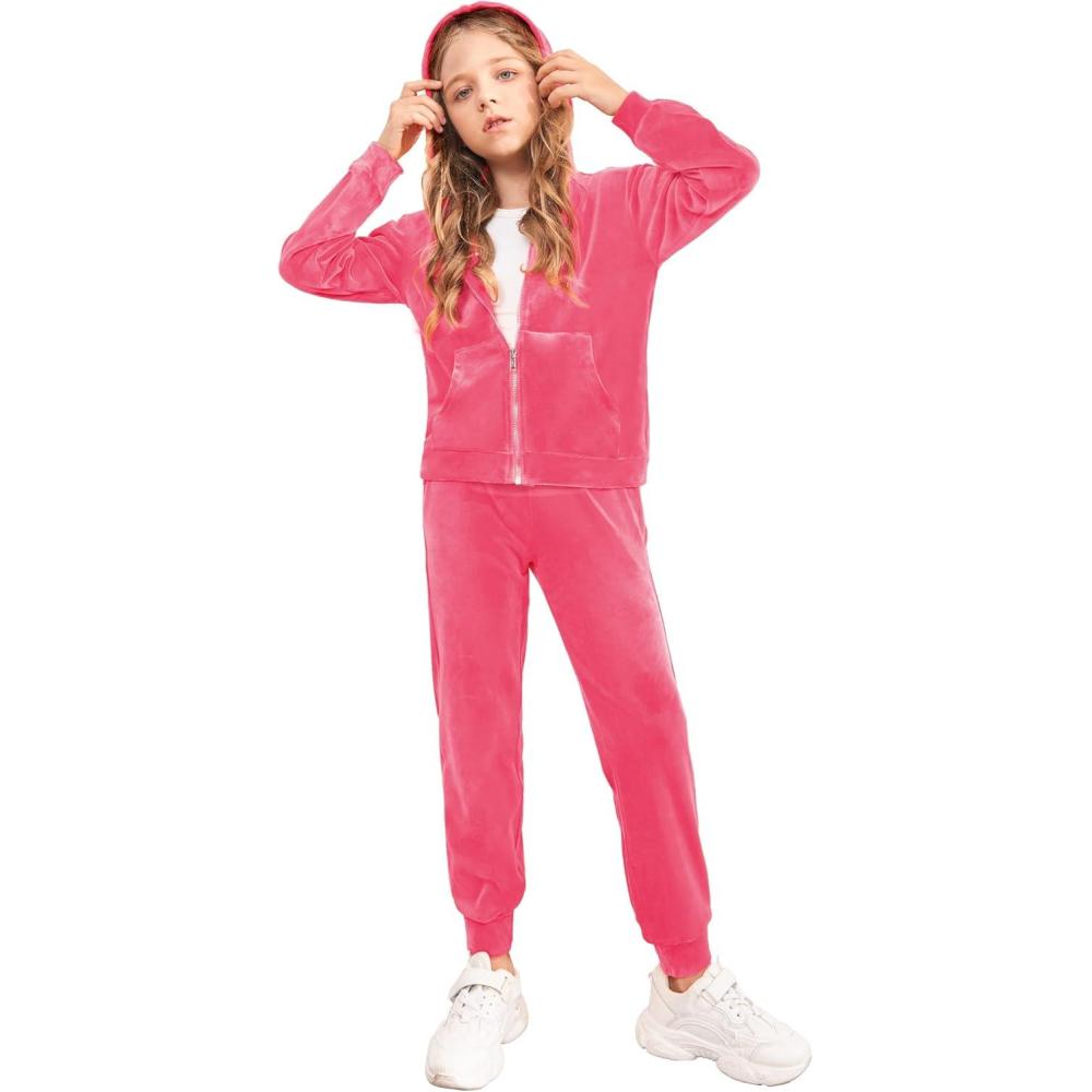 imageArshiner 2 Piece Outfits for Girls Velour Tracksuit Hoodie and Jogger Set Sweatsuit Athletic Clothes SetsCoral