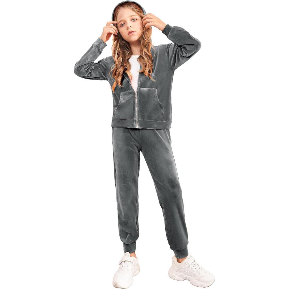imageArshiner 2 Piece Outfits for Girls Velour Tracksuit Hoodie and Jogger Set Sweatsuit Athletic Clothes SetsGrey
