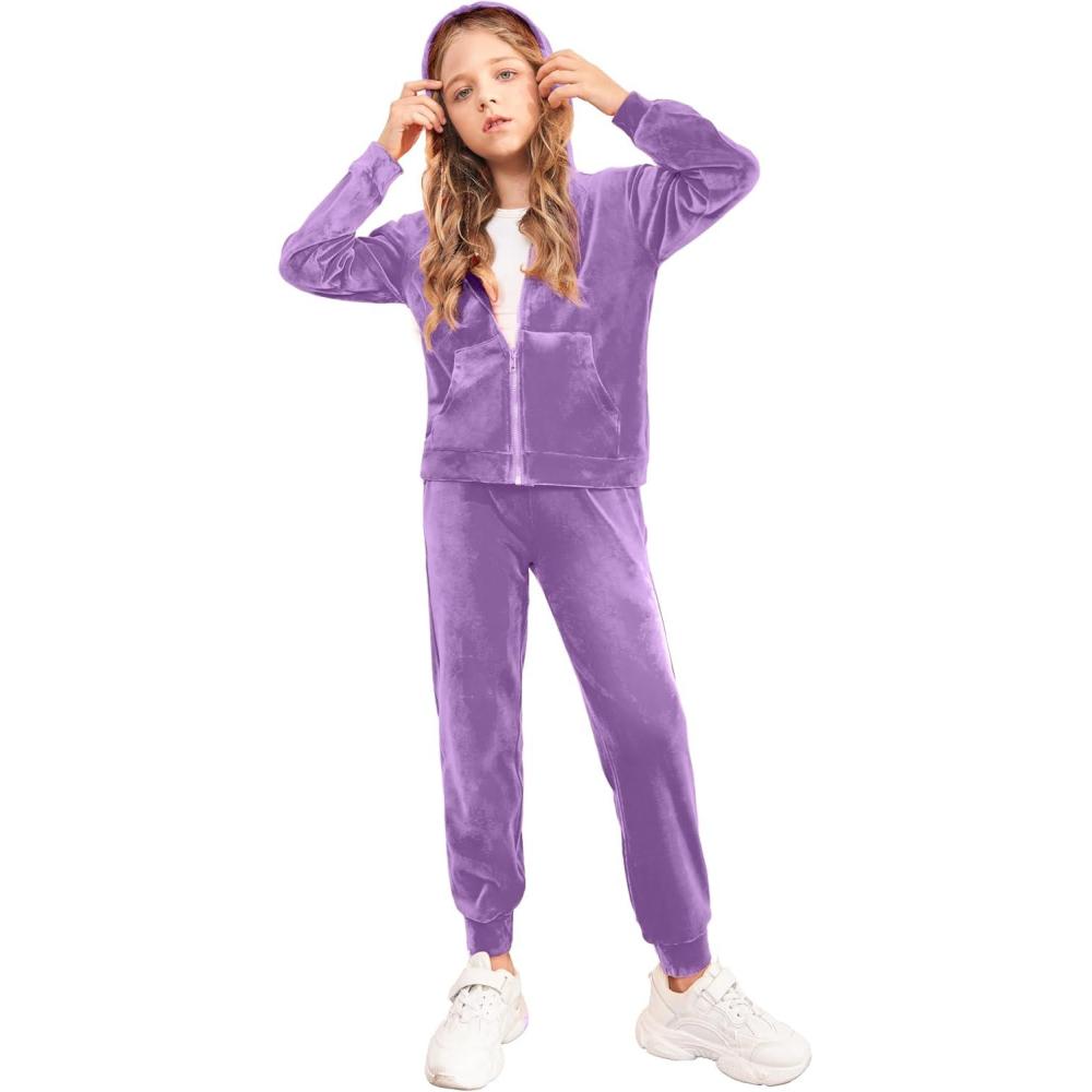 imageArshiner 2 Piece Outfits for Girls Velour Tracksuit Hoodie and Jogger Set Sweatsuit Athletic Clothes SetsLight Purple 1