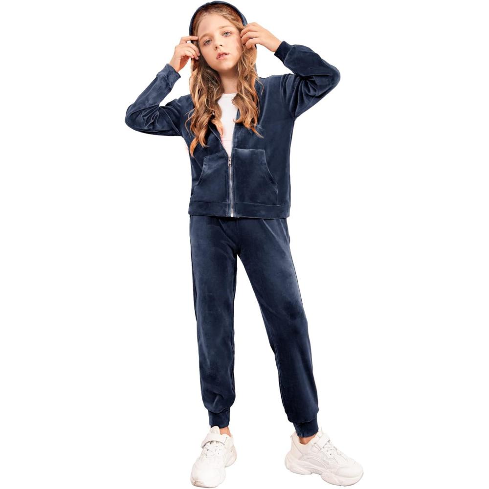 imageArshiner 2 Piece Outfits for Girls Velour Tracksuit Hoodie and Jogger Set Sweatsuit Athletic Clothes SetsNavy Blue