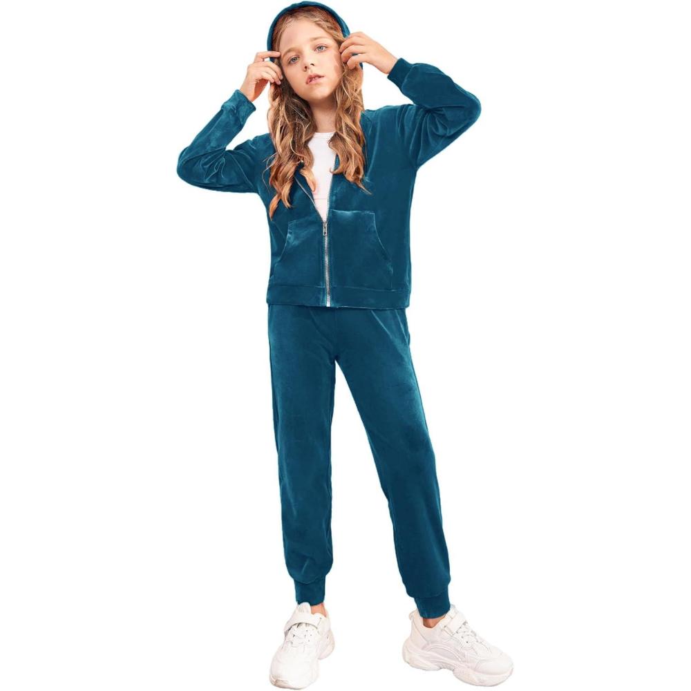 imageArshiner 2 Piece Outfits for Girls Velour Tracksuit Hoodie and Jogger Set Sweatsuit Athletic Clothes SetsPeacock Blue 1
