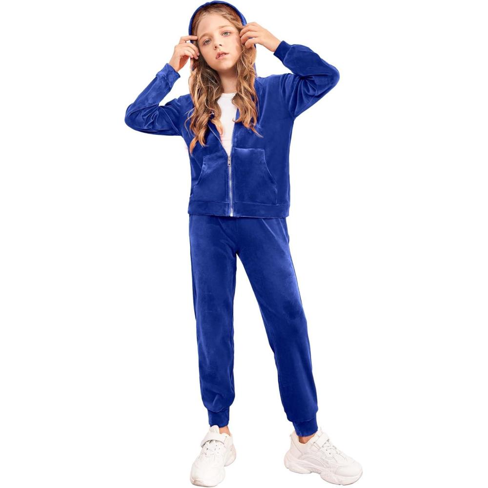 imageArshiner 2 Piece Outfits for Girls Velour Tracksuit Hoodie and Jogger Set Sweatsuit Athletic Clothes SetsRoyal Blue