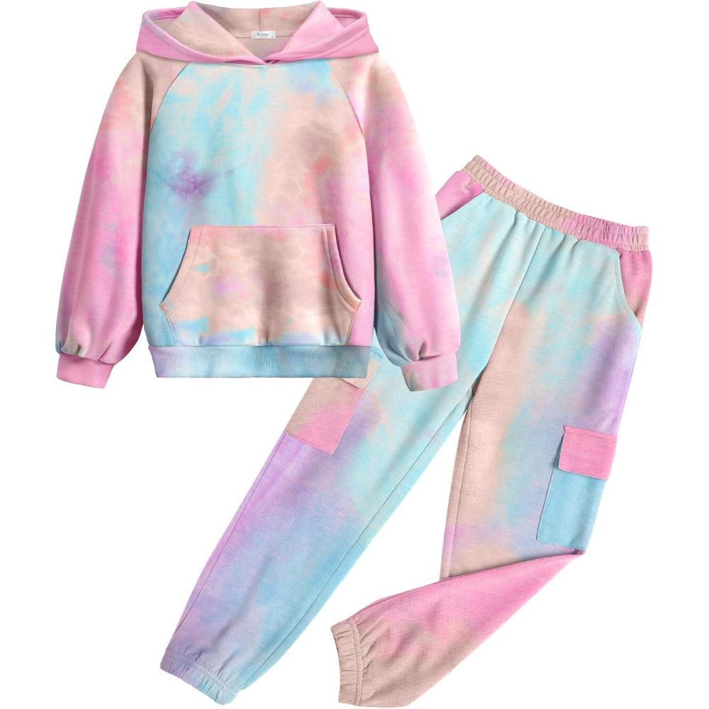 imageArshiner 2 Pieces Girls Outfits Tie Dye Sweatsuits Pant Set Long Sleeve Athletic Sweatshirts and Sweatpants with PocketsAtie Dye