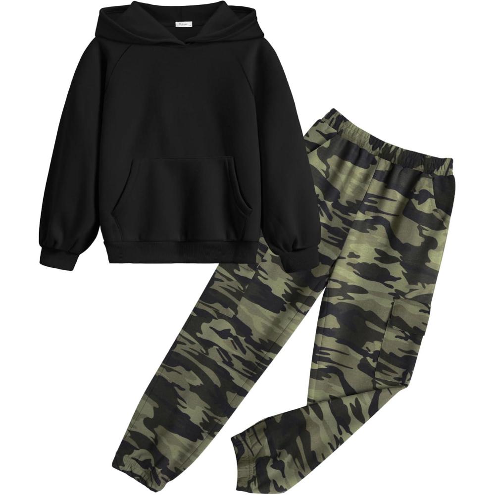 imageArshiner 2 Pieces Girls Outfits Tie Dye Sweatsuits Pant Set Long Sleeve Athletic Sweatshirts and Sweatpants with PocketsBlackcamouflage