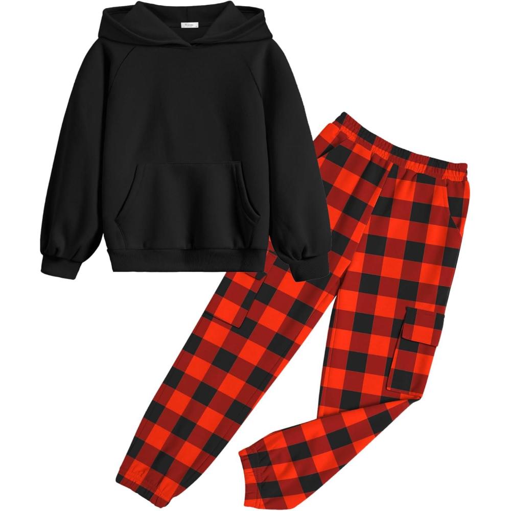 imageArshiner 2 Pieces Girls Outfits Tie Dye Sweatsuits Pant Set Long Sleeve Athletic Sweatshirts and Sweatpants with PocketsBlackred Checkboard