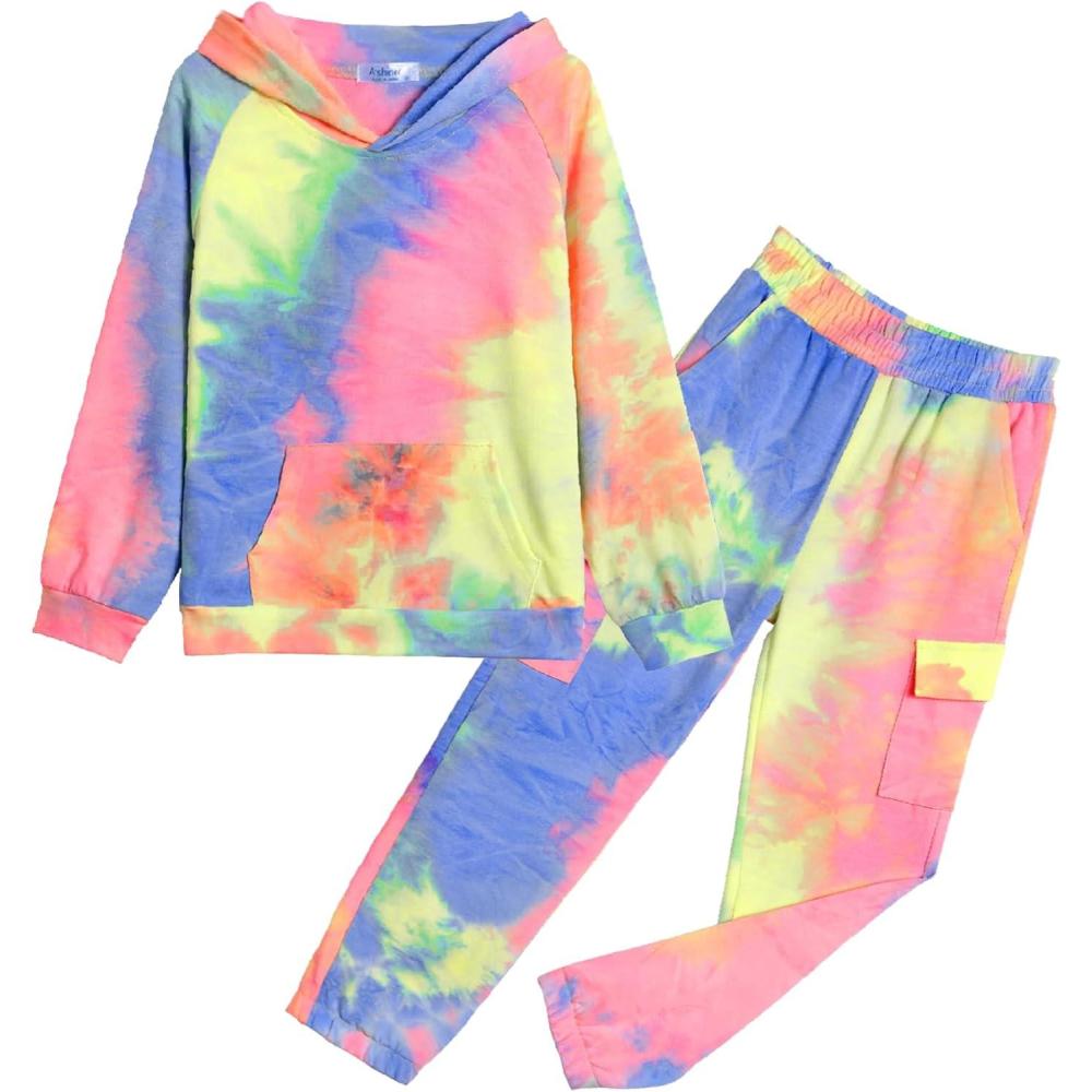 imageArshiner 2 Pieces Girls Outfits Tie Dye Sweatsuits Pant Set Long Sleeve Athletic Sweatshirts and Sweatpants with PocketsCtie Dye