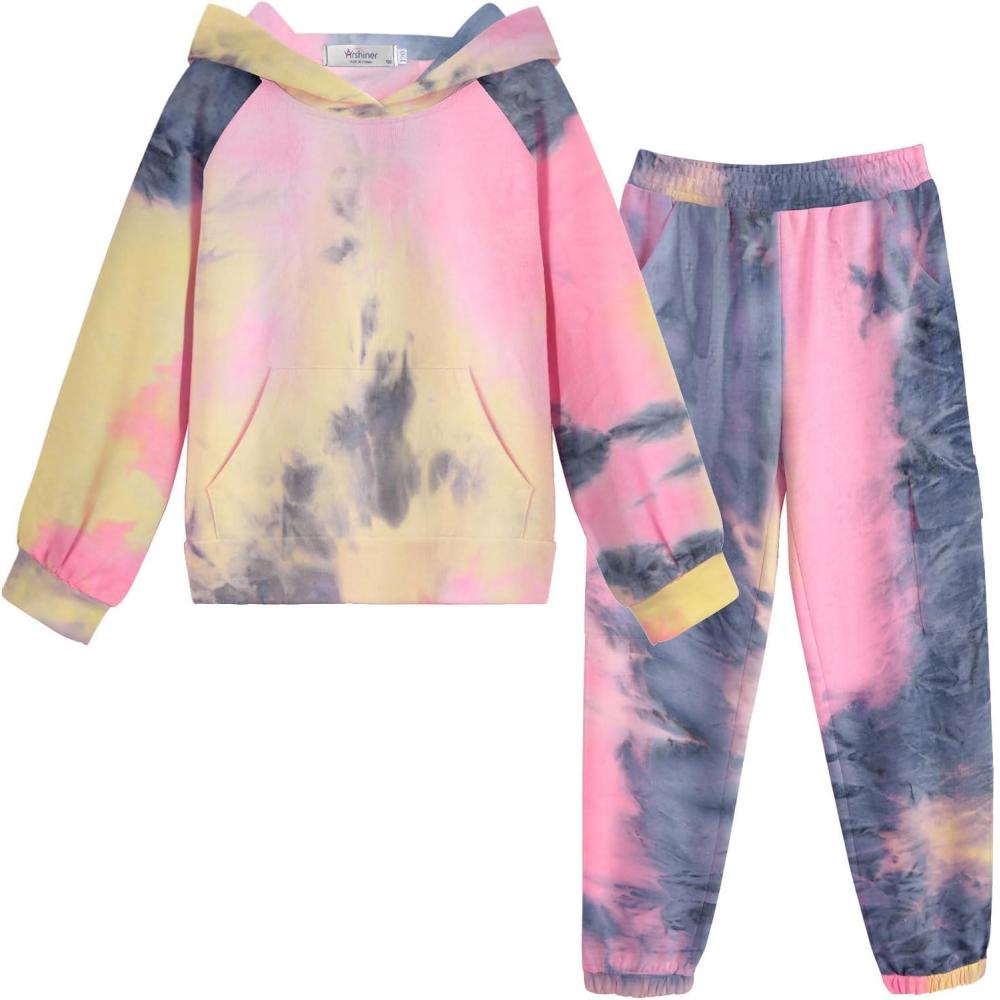 imageArshiner 2 Pieces Girls Outfits Tie Dye Sweatsuits Pant Set Long Sleeve Athletic Sweatshirts and Sweatpants with PocketsDtie Dye