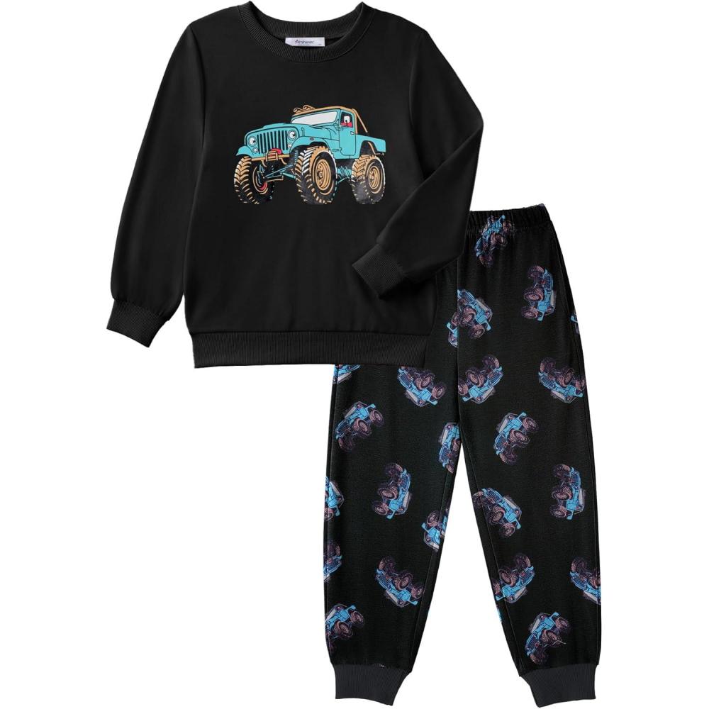 imageArshiner Boys Camo Clothes 2 Piece Graphic Printed Sweatshirt and Pants Outfit Fall Winter Clothing Set 513 YearsBlack Car Prints