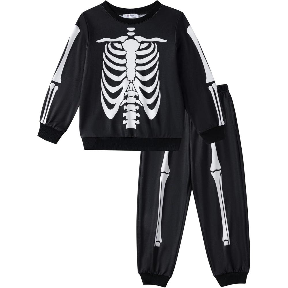 imageArshiner Boys Camo Clothes 2 Piece Graphic Printed Sweatshirt and Pants Outfit Fall Winter Clothing Set 513 YearsWhite Skeleton Prints