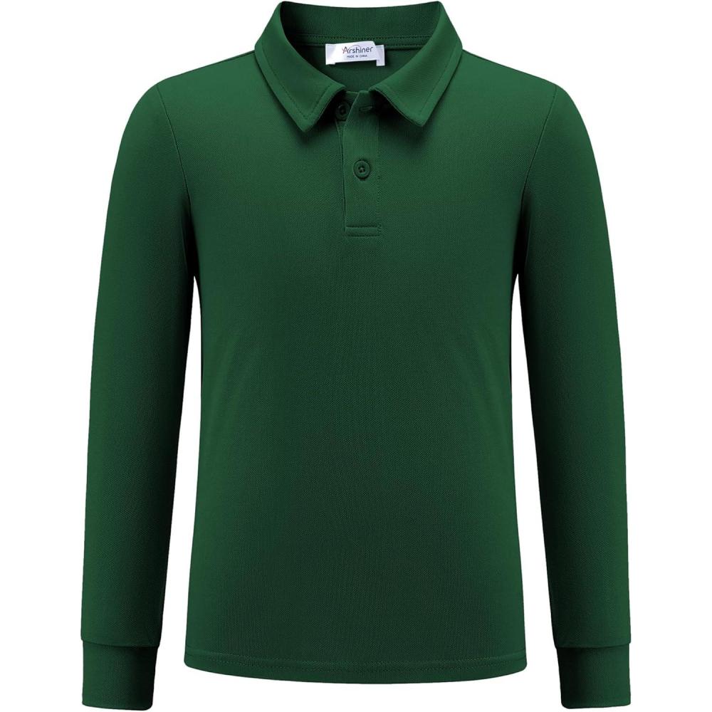 imageArshiner Boys Long Sleeve Polo Shirt Performance School Uniform Pique Button Closure Shirt Size 512 YearsBright Green