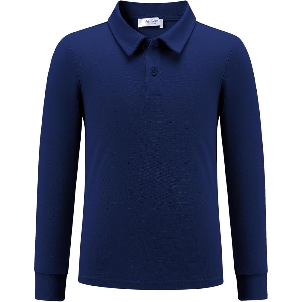 imageArshiner Boys Long Sleeve Polo Shirt Performance School Uniform Pique Button Closure Shirt Size 512 YearsNavy Blue