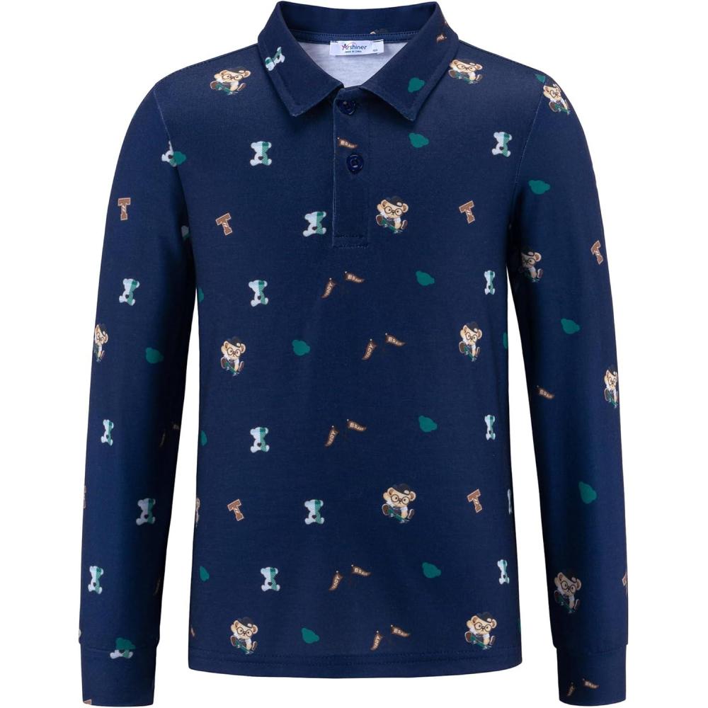 imageArshiner Boys Long Sleeve Polo Shirt Performance School Uniform Pique Button Closure Shirt Size 512 YearsTeddy Bear Navy Blue With Green Khaki
