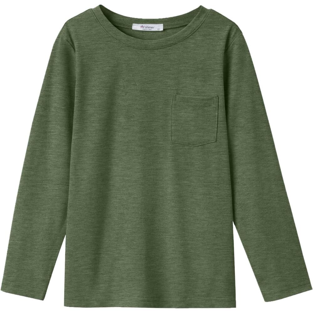 imageArshiner Boys Long Sleeve Shirts Casual Crewneck T Shirt Solid Tees Tops with Chest Pocket for Kids 512 YearsArmy Green