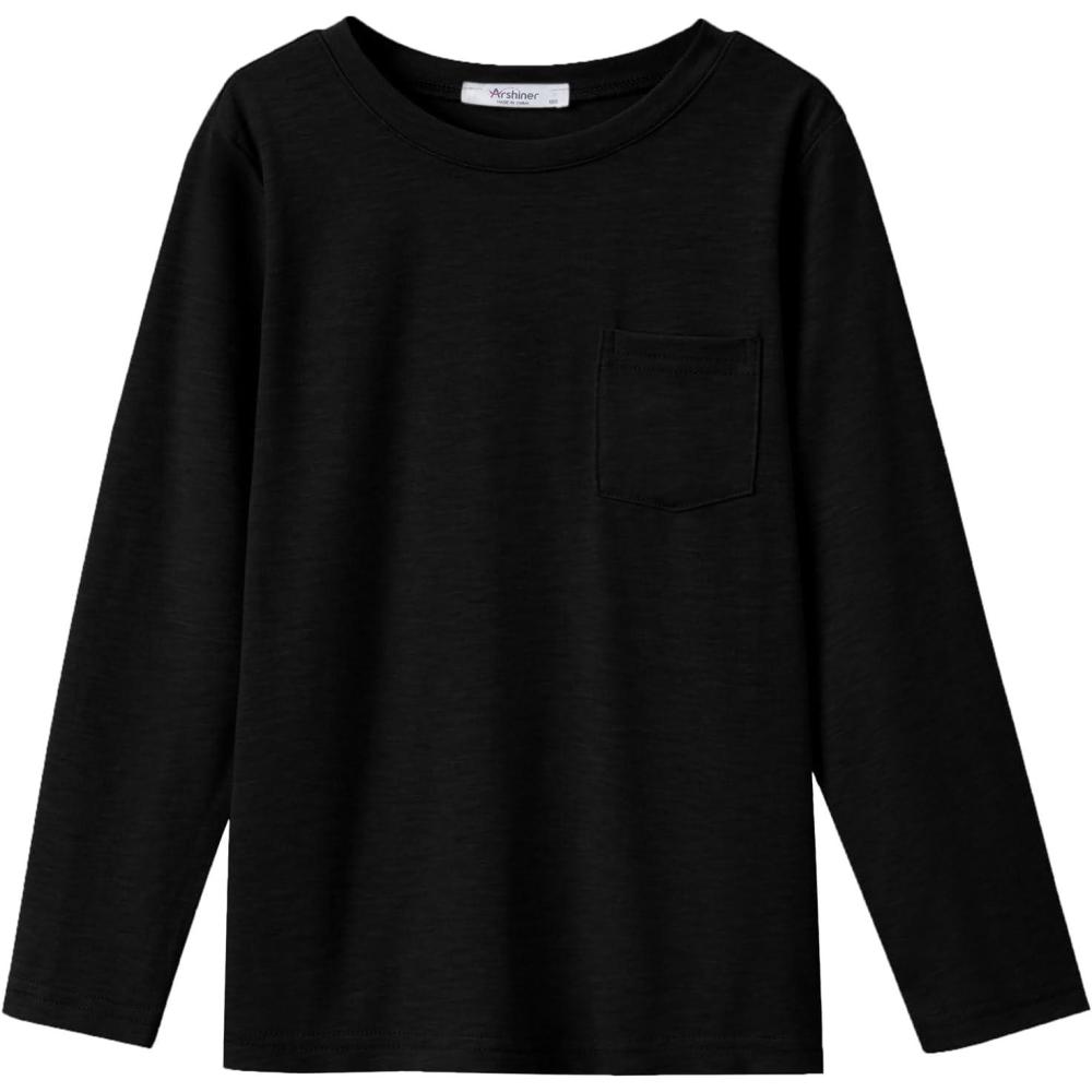 imageArshiner Boys Long Sleeve Shirts Casual Crewneck T Shirt Solid Tees Tops with Chest Pocket for Kids 512 YearsBlack