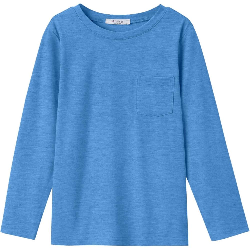 imageArshiner Boys Long Sleeve Shirts Casual Crewneck T Shirt Solid Tees Tops with Chest Pocket for Kids 512 YearsBlue