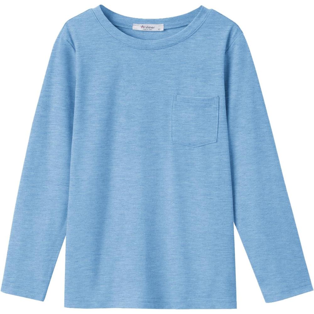 imageArshiner Boys Long Sleeve Shirts Casual Crewneck T Shirt Solid Tees Tops with Chest Pocket for Kids 512 YearsLight Blue