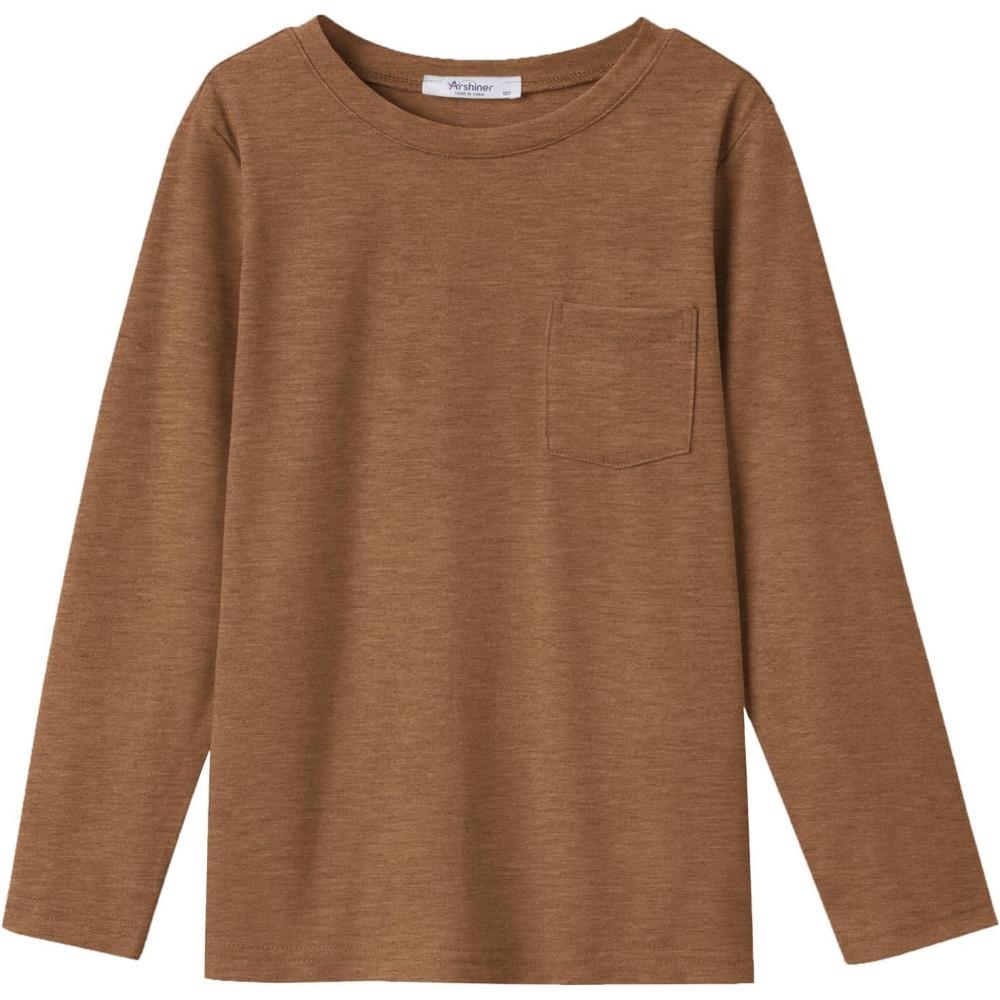 imageArshiner Boys Long Sleeve Shirts Casual Crewneck T Shirt Solid Tees Tops with Chest Pocket for Kids 512 YearsLight Brown