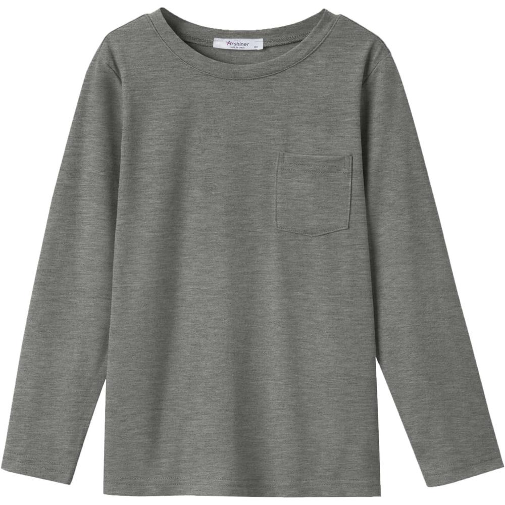 imageArshiner Boys Long Sleeve Shirts Casual Crewneck T Shirt Solid Tees Tops with Chest Pocket for Kids 512 YearsLight Gray