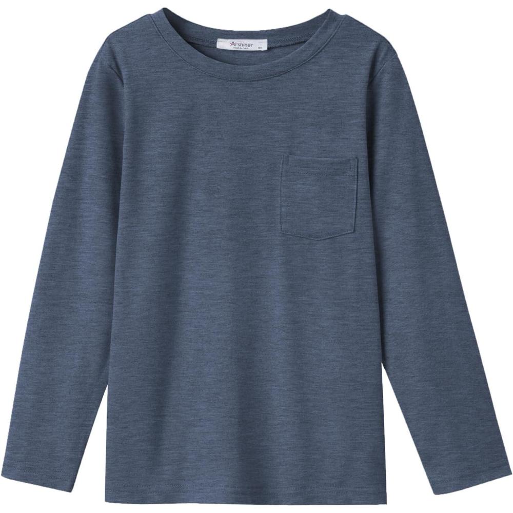 imageArshiner Boys Long Sleeve Shirts Casual Crewneck T Shirt Solid Tees Tops with Chest Pocket for Kids 512 YearsNavy Blue