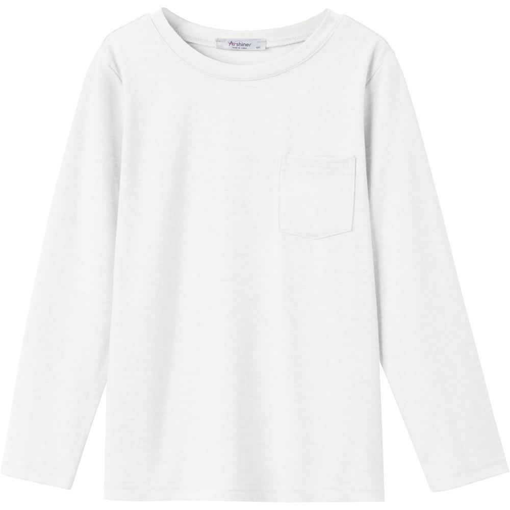 imageArshiner Boys Long Sleeve Shirts Casual Crewneck T Shirt Solid Tees Tops with Chest Pocket for Kids 512 YearsWhite