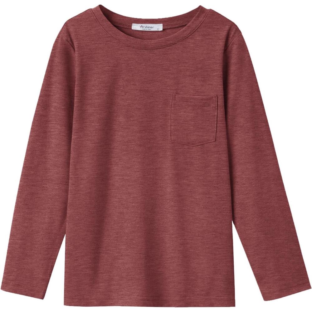 imageArshiner Boys Long Sleeve Shirts Casual Crewneck T Shirt Solid Tees Tops with Chest Pocket for Kids 512 YearsWine Red