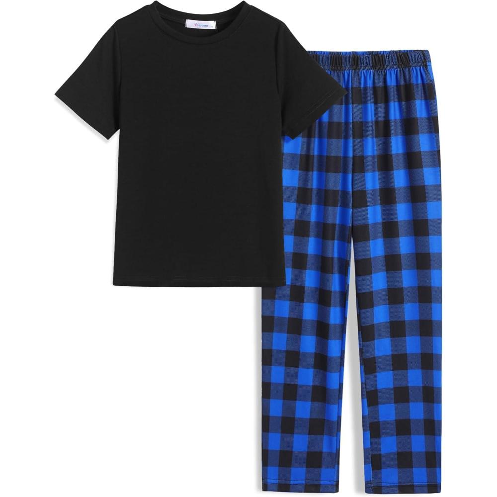 imageArshiner Boys Pajamas Short Sleeve and Long Pants 2 Piece Pajama Set for Boys 614 YearsBlack  Blue Check