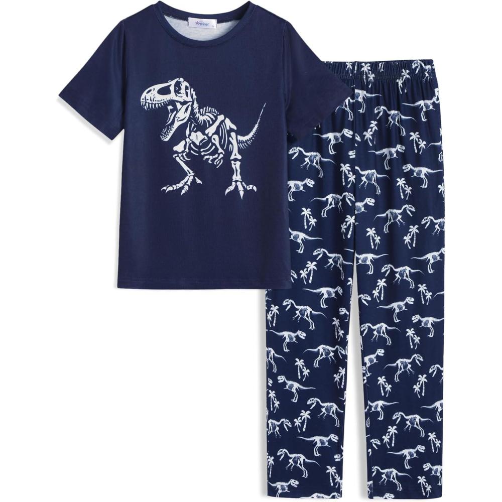 imageArshiner Boys Pajamas Short Sleeve and Long Pants 2 Piece Pajama Set for Boys 614 YearsBluedinasaur