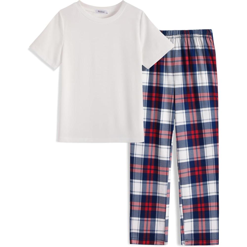 imageArshiner Boys Pajamas Short Sleeve and Long Pants 2 Piece Pajama Set for Boys 614 YearsRed Check