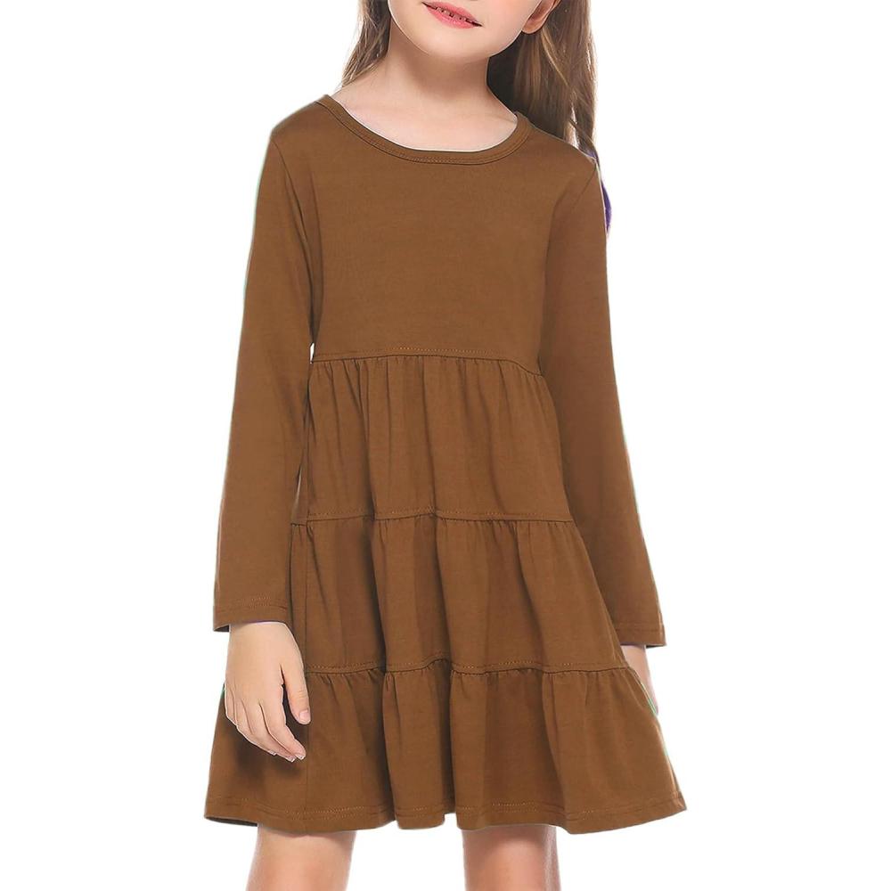 imageArshiner Girl Long Sleeve Dress Tiered Ruffle Swing Tunic Shirt DressBrown