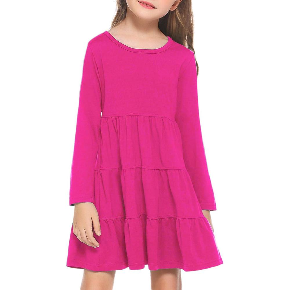 imageArshiner Girl Long Sleeve Dress Tiered Ruffle Swing Tunic Shirt DressHot Pink