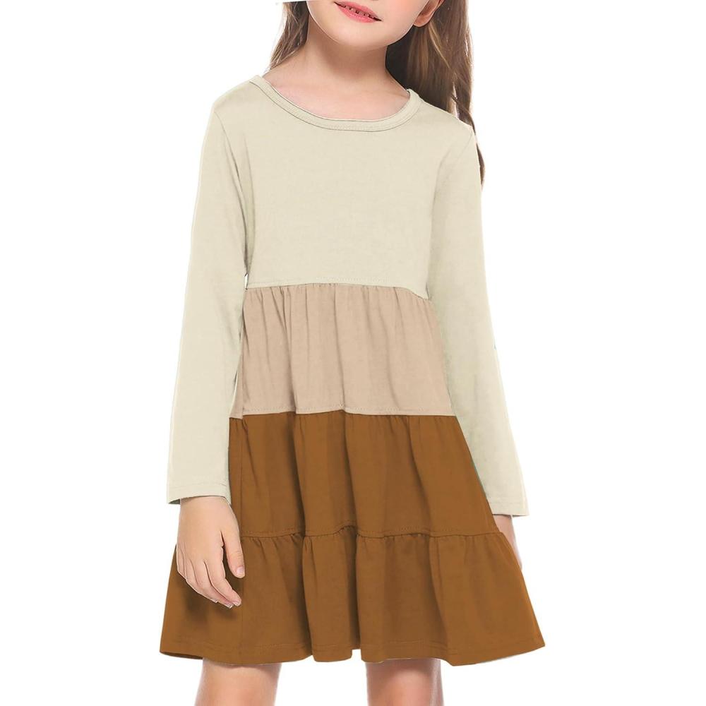 imageArshiner Girl Long Sleeve Dress Tiered Ruffle Swing Tunic Shirt DressKhaki Brown