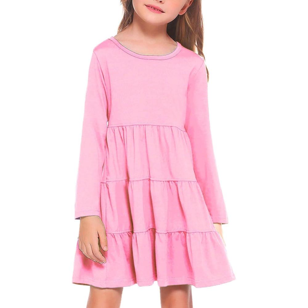 imageArshiner Girl Long Sleeve Dress Tiered Ruffle Swing Tunic Shirt DressPink