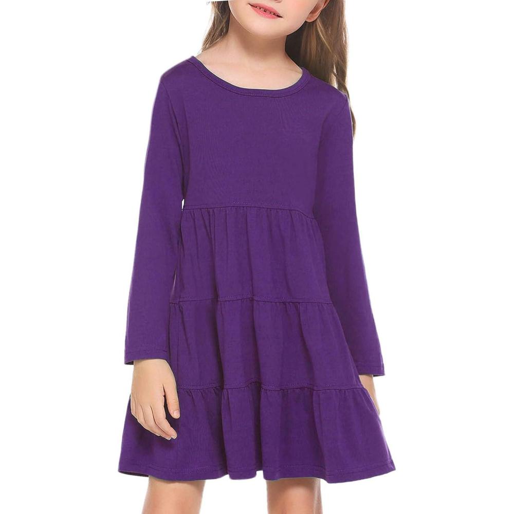 imageArshiner Girl Long Sleeve Dress Tiered Ruffle Swing Tunic Shirt DressPurple