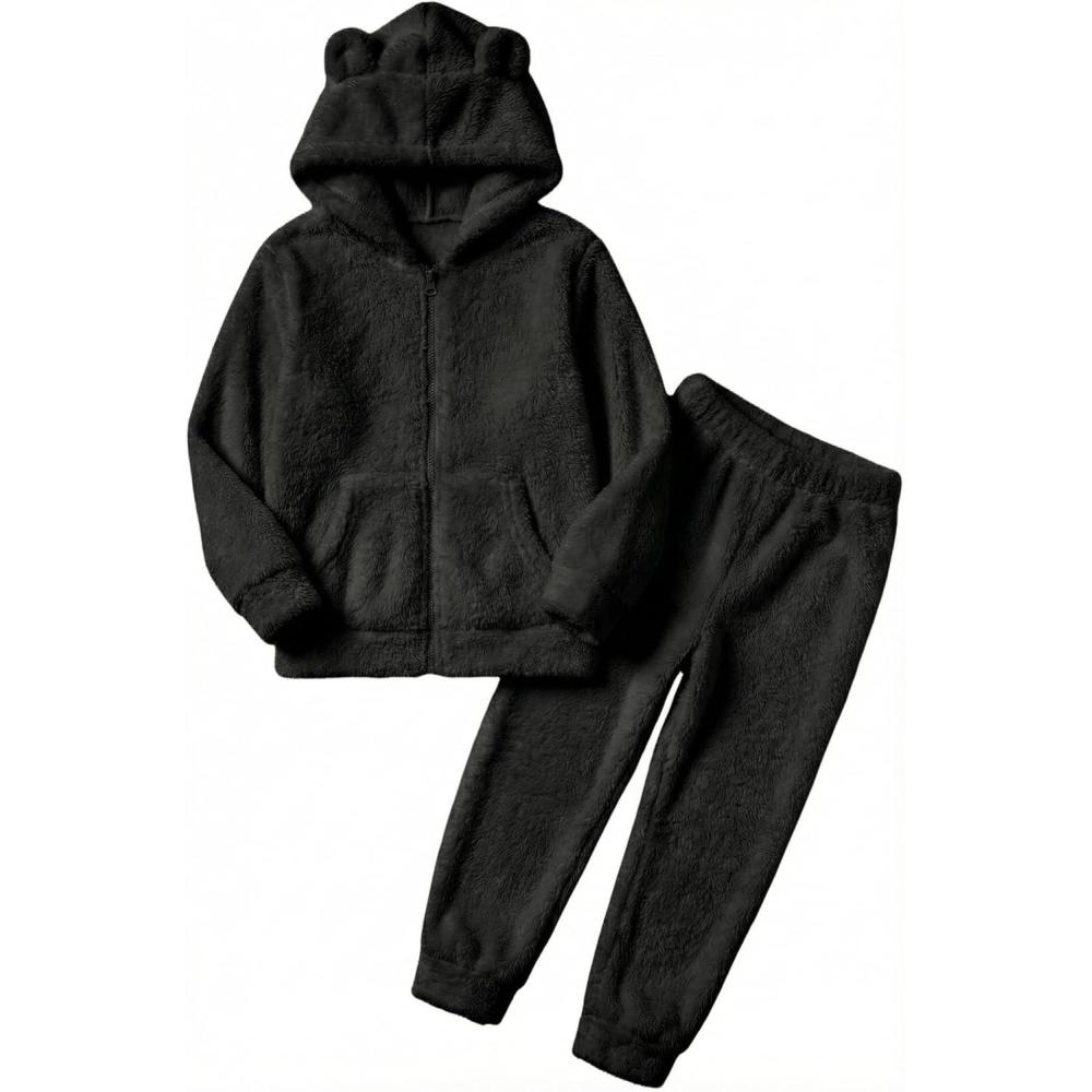 imageArshiner Girls 2 Piece Fuzzy Set with Bear Ear Hoodie and Jogger Pants Zip Up Sweatshirt Outfits for Fall Winter 513 YearsBlack