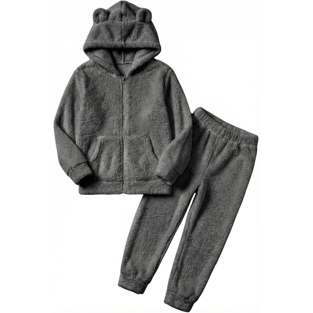 imageArshiner Girls 2 Piece Fuzzy Set with Bear Ear Hoodie and Jogger Pants Zip Up Sweatshirt Outfits for Fall Winter 513 YearsDeep Grey