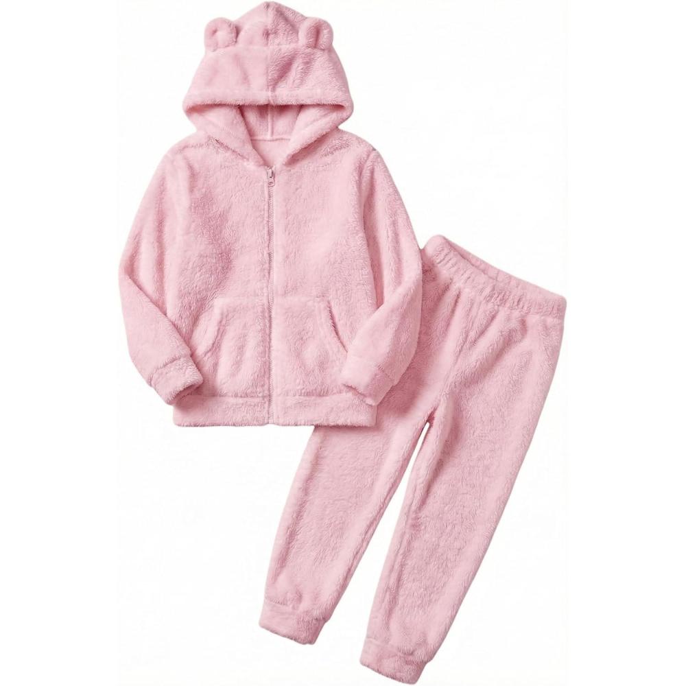 imageArshiner Girls 2 Piece Fuzzy Set with Bear Ear Hoodie and Jogger Pants Zip Up Sweatshirt Outfits for Fall Winter 513 YearsLight Pink