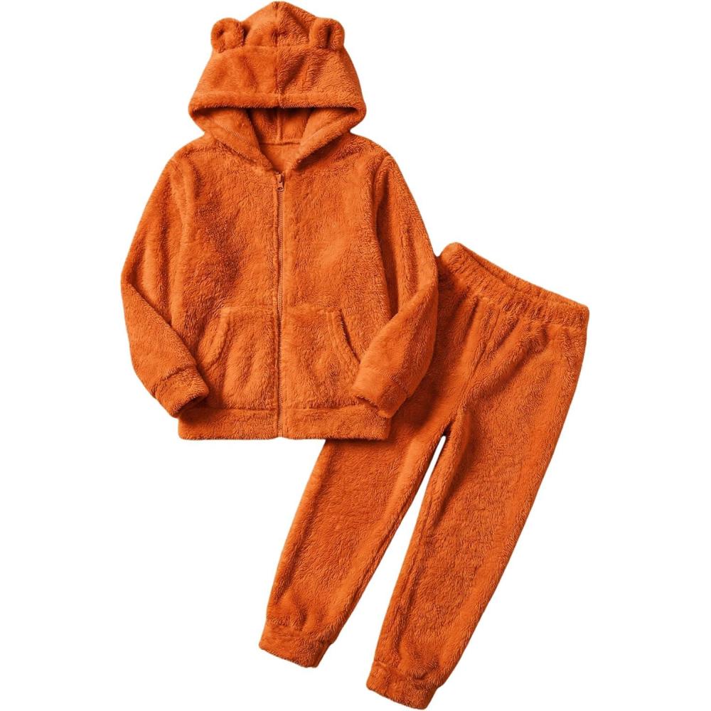 imageArshiner Girls 2 Piece Fuzzy Set with Bear Ear Hoodie and Jogger Pants Zip Up Sweatshirt Outfits for Fall Winter 513 YearsOrange