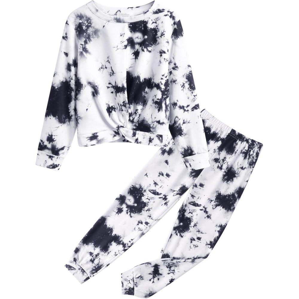imageArshiner Girls 2 Piece Outfits Fashion Twist Front Tracksuit Long Sleeve Pullover Sweatshirt Sweatpants Jogger set SweatsuitBlack  White